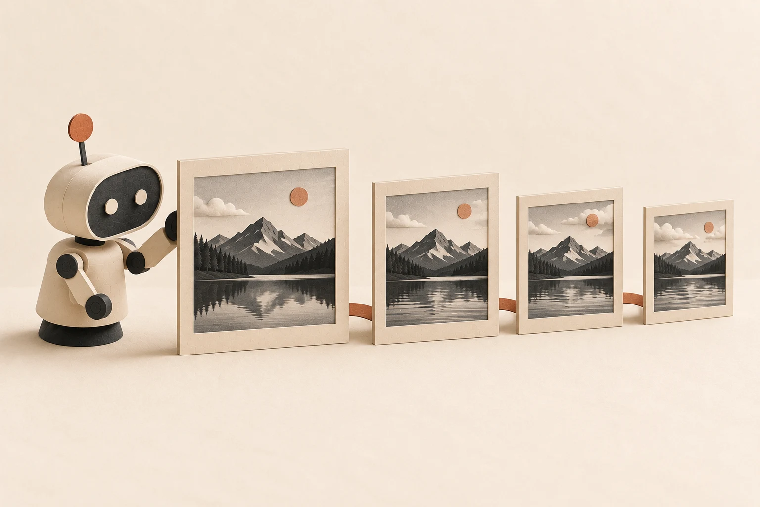 A small mechanical assistant watches a mountain-lake photograph become frames with moving clouds and water.