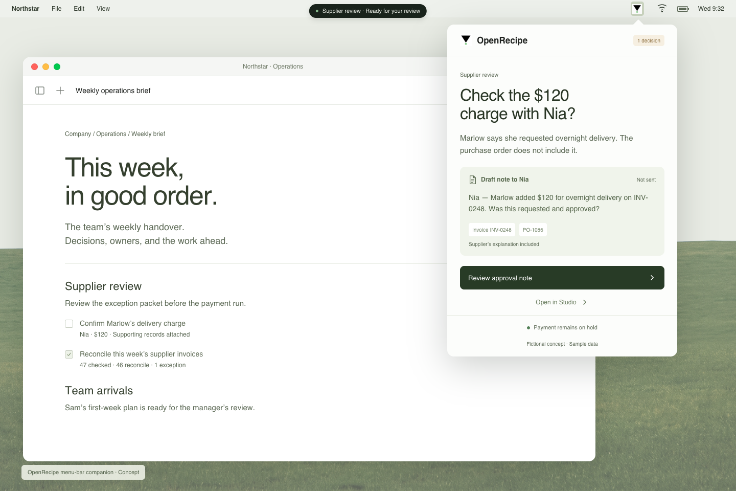 OpenRecipe opens from the menu bar with one decision to review and a draft approval note to Nia.