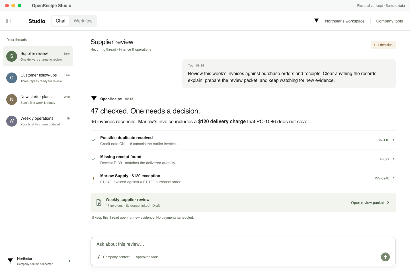 OpenRecipe Studio reviews 47 supplier invoices: 46 reconcile, with a $120 delivery charge from Marlow left for review.